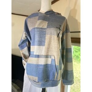 Men's Religious Hooded Sweatshirt Checkered Blue Brown With Blk Cross Size Lrg